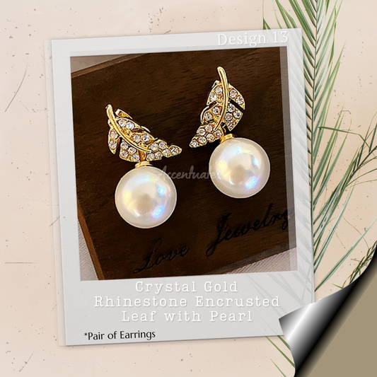 Crystal Gold Rhinestone Encrusted Leaf with Pearl - Pair of Earrings