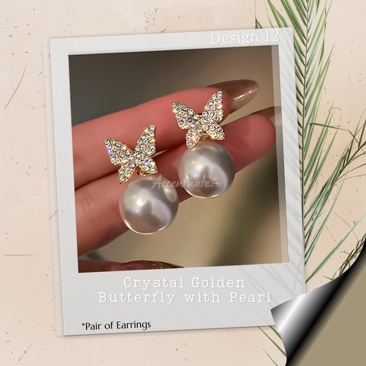 Crystal Golden Butterfly with Pearl - Pair of Earrings