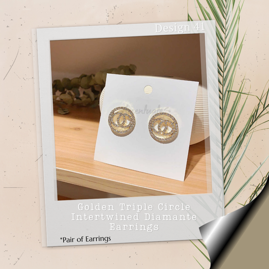 Double Diamante Crystal Mini Circles with Gold Twisted Frame - Pair of Earrings