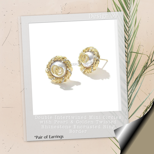 Double Mini Circles with Pearl & Golden Twisted Border - Pair of Earrings
