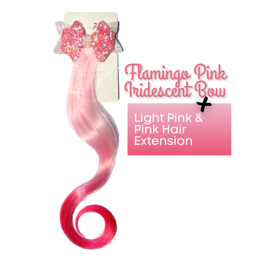 Flamingo Pink Iridescent Bow + Light Pink & Pink Hair Extension