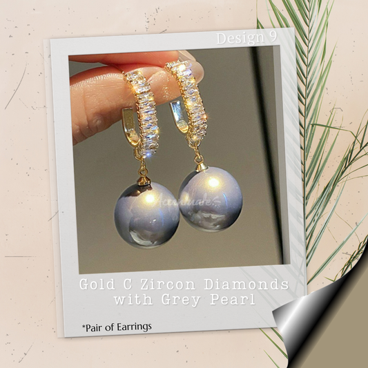 Gold C Zircon Diamonds with Grey Pearl - Pair of Earrings
