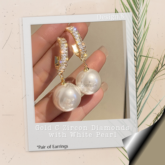 Gold C Zircon Diamonds with White Pearl - Pair of Earrings