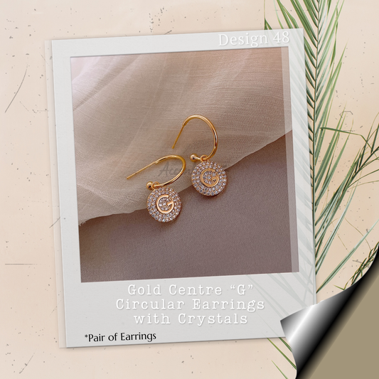 Gold Centre G Circular Earrings with Crystals - Pair of Earrings