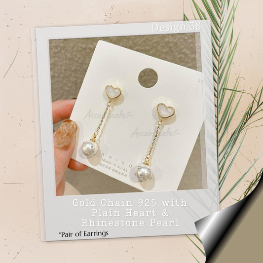 Gold Chain 925 with Plain Heart & Rhinestone Pearl - Pair of Earrings