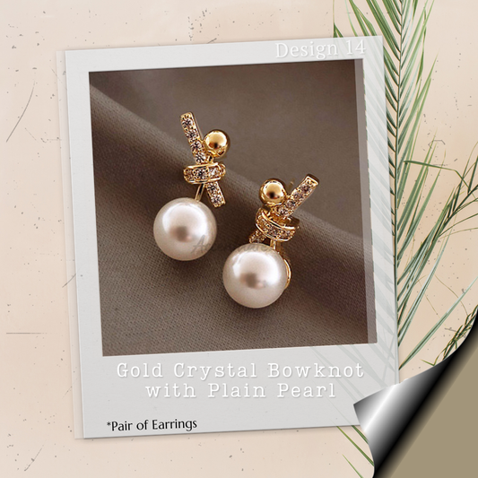 Gold Crystal Bowknot with Plain Pearl - Pair of Earrings