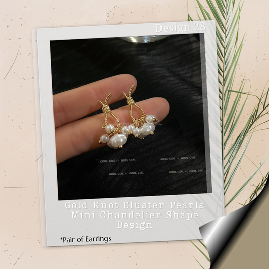 Gold Knot Cluster Pearls Mini Chandelier Shape Design - Pair of Earrings