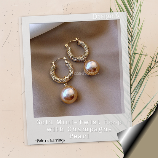 Gold Mini Twist Hoop with Champagne Pearl - Pair of Earrings