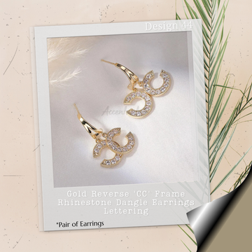 Gold Reverse 'CC' Frame Rhinestone Dangle Earrings Lettering - Pair of Earrings