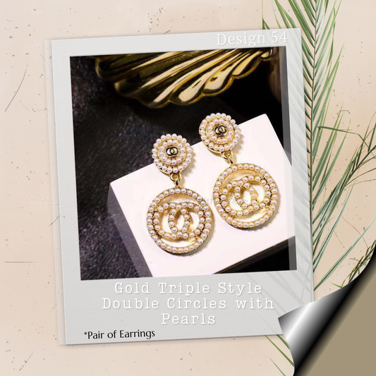 Gold Triple Style Double Circles with Pearls - Pair of Earrings