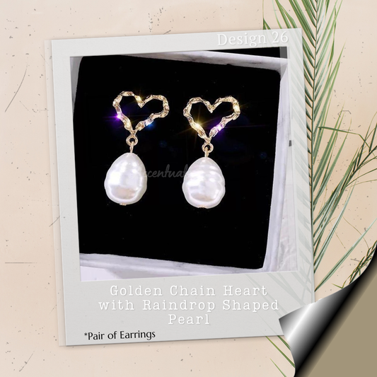 Golden Chain Heart with Raindrop Shaped Pearl - Pair of Earrings