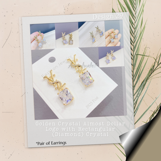 Golden Crystal Almost Dollar Logo with Rectangular Crystal - Pair of Earrings