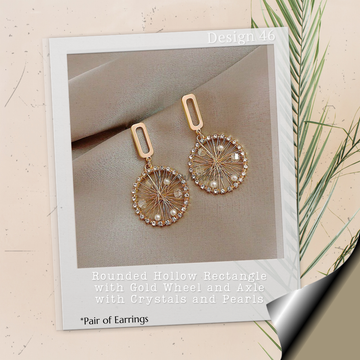Golden Wheel & Axle with Crystals & Pearls - Pair of Earrings