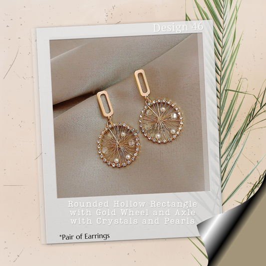 Golden Wheel & Axle with Crystals & Pearls - Pair of Earrings