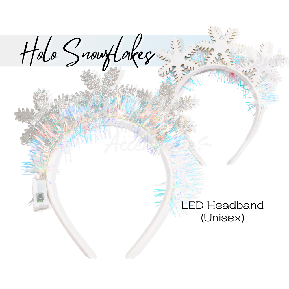 LED tinsel headband with snowflake design on a white background