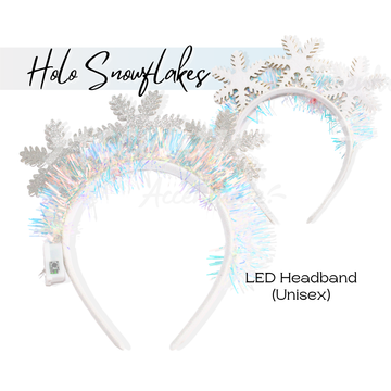 LED tinsel headband with snowflake design on a white background