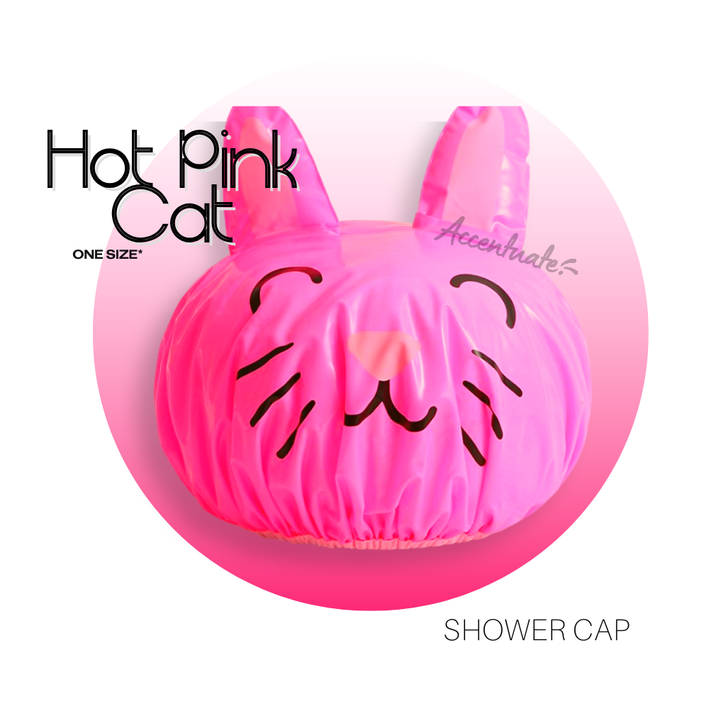 Hot Pink Cat shower cap with cartoon face design on a white background