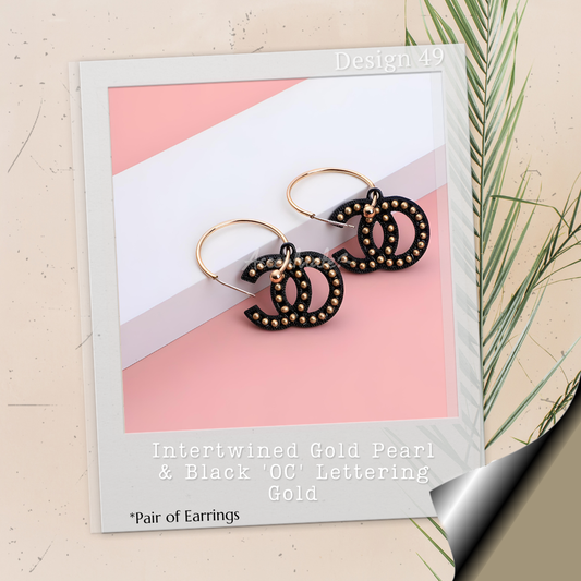 Intertwined Gold Pearl & Black 'OC' Lettering - Pair of Earrings