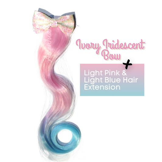 Ivory Iridescent Bow + Light Pink & Light Blue Hair Extension