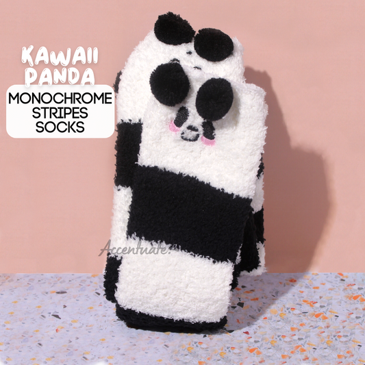 Kawaii Panda Monochrome Stripes Fluffy Knee-High Socks