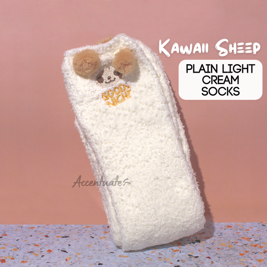Kawaii Sheep Plain Light Cream & Fluffy Knee-Length Socks