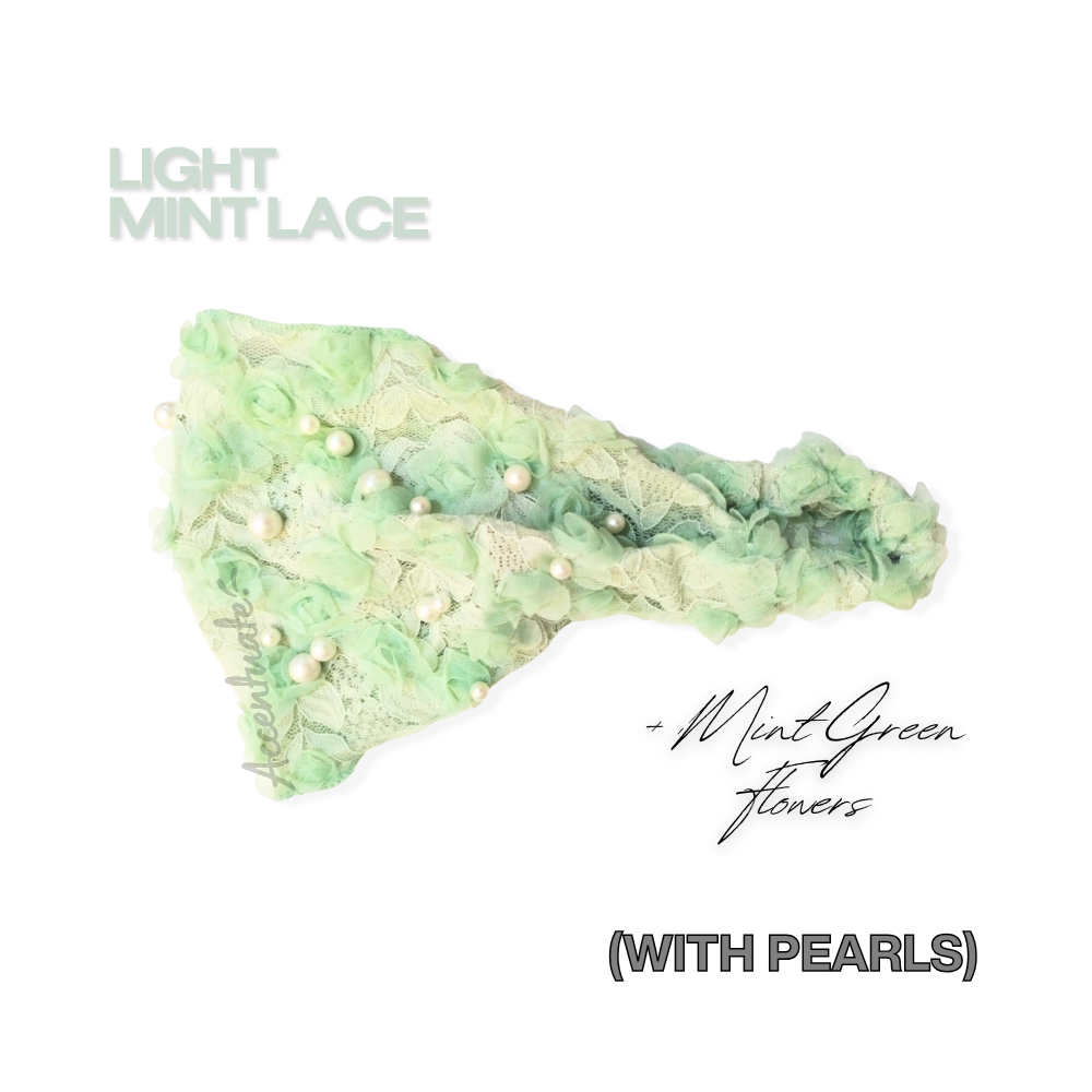Light mint lace with pearls on a white background