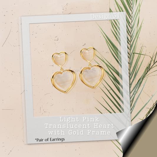 Light Pink Translucent Heart with Gold Frame - Pair of Earrings