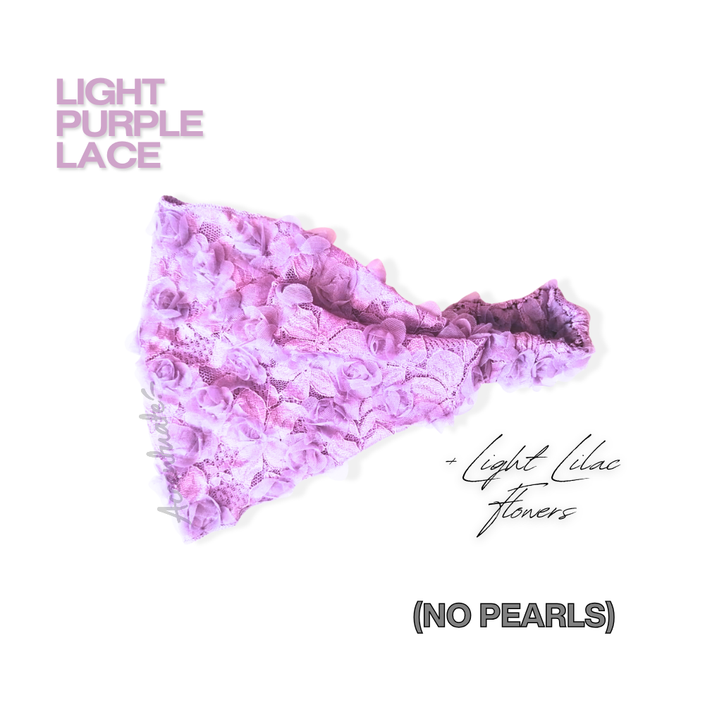 Light purple lace with text indicating 'No Pearls' on a white background