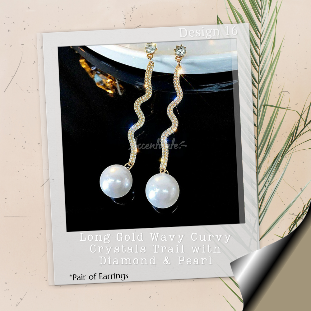 Long Gold Wavy Curvy Crystals Trail with Diamond & Pearl - Pair of Earrings