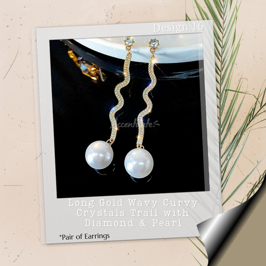Long Gold Wavy Curvy Crystals Trail with Diamond & Pearl - Pair of Earrings