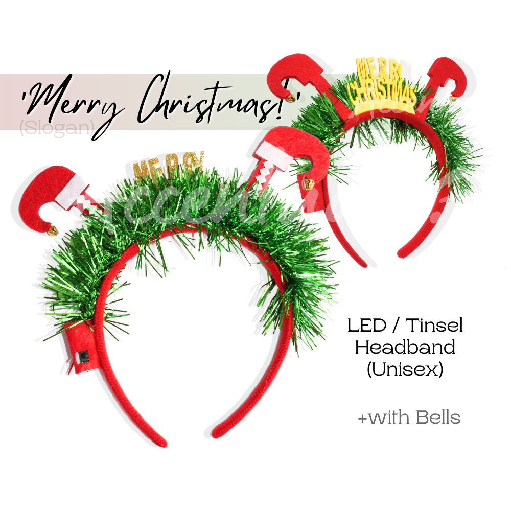 Red LED tinsel headbands with green tinsel and 'Merry Christmas!' text on a white background.
