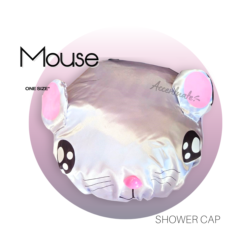 Mouse-shaped shower cap with pink accents on a white background