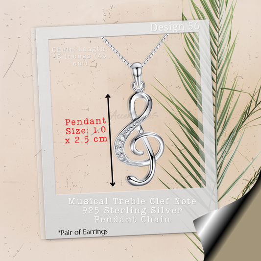 Musical Treble Clef Note 925 Sterling Silver Pendant Chain - Pair of Earrings