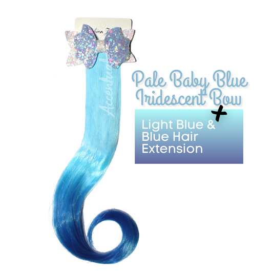 Pale Baby Blue Iridescent Bow + Light Blue & Blue Hair Extension
