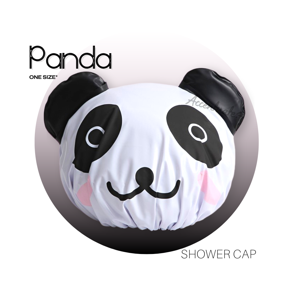 Panda-shaped shower cap with 'Panda' branding on a white background