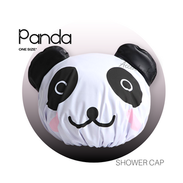 Panda-shaped shower cap with 'Panda' branding on a white background