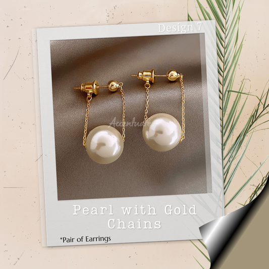 Pearl with Gold Chains - Pair of Earrings
