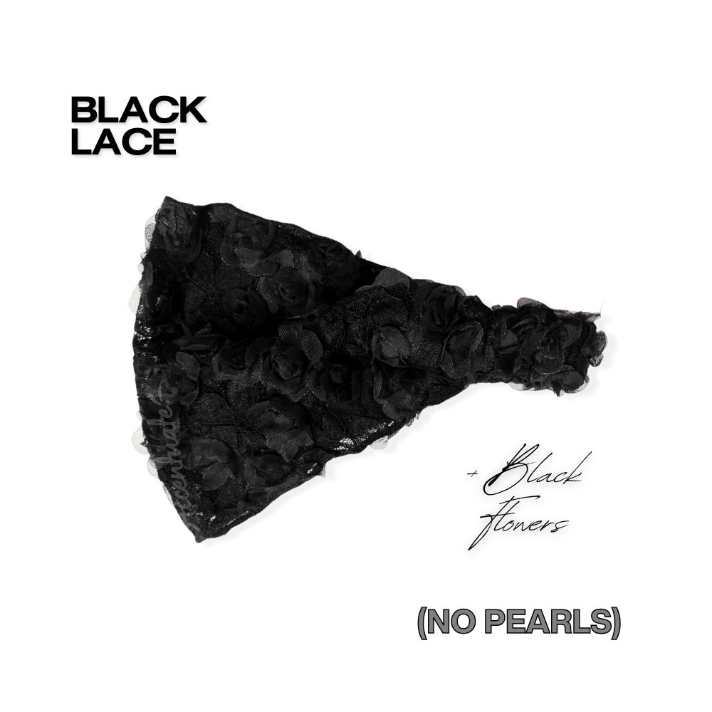 Black lace fabric with text 'BLACK LACE', 'Black Flowers', and '(NO PEARLS)' on a white background