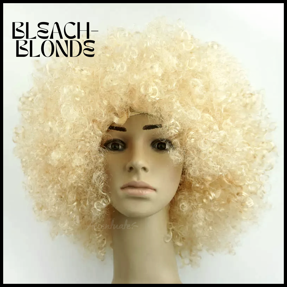 Mannequin head with a blonde afro wig on a white background, featuring the brand 'Blesach Blondes'.