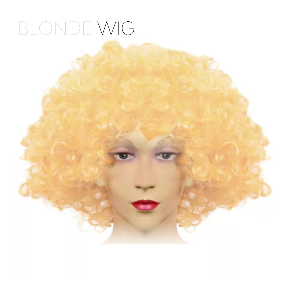 Blonde wig on a mannequin head with a white background