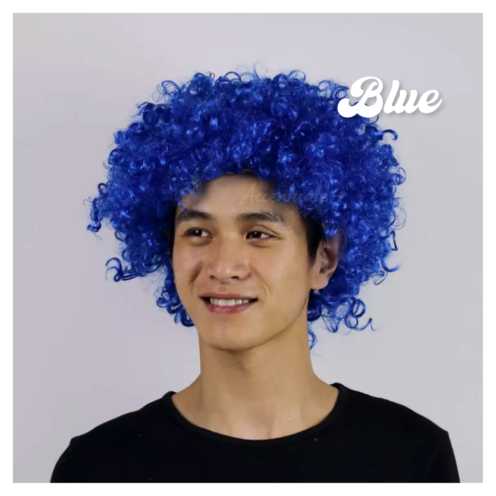 Person wearing a blue wig with 'Blue' text on a gray background