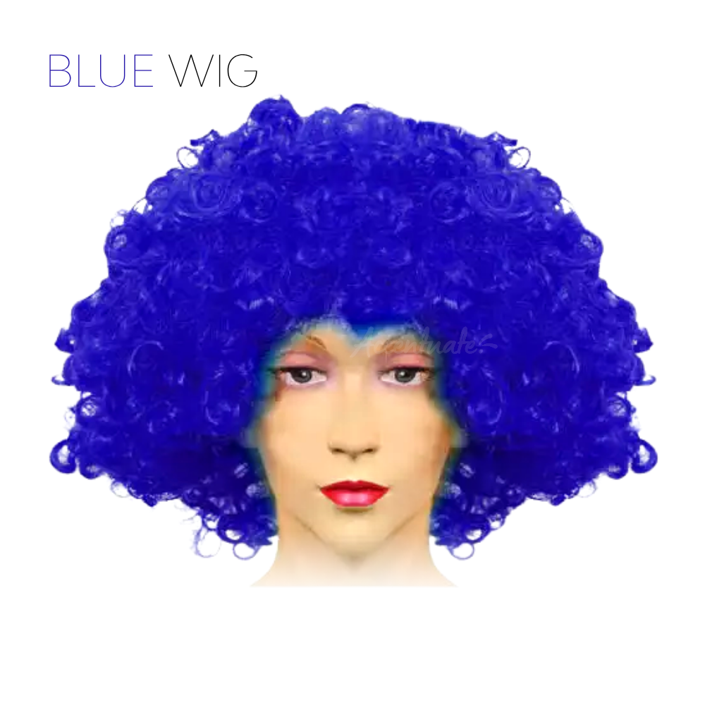 Blue wig on a mannequin head with a white background