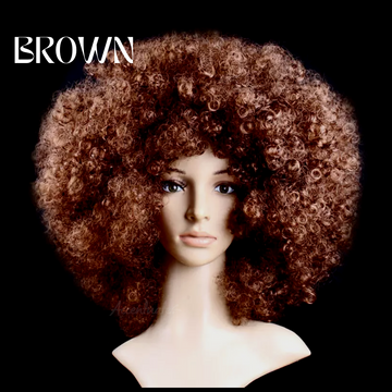 Mannequin head with a large brown afro wig on a black background