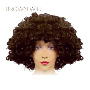Brown wig on a mannequin head with a white background