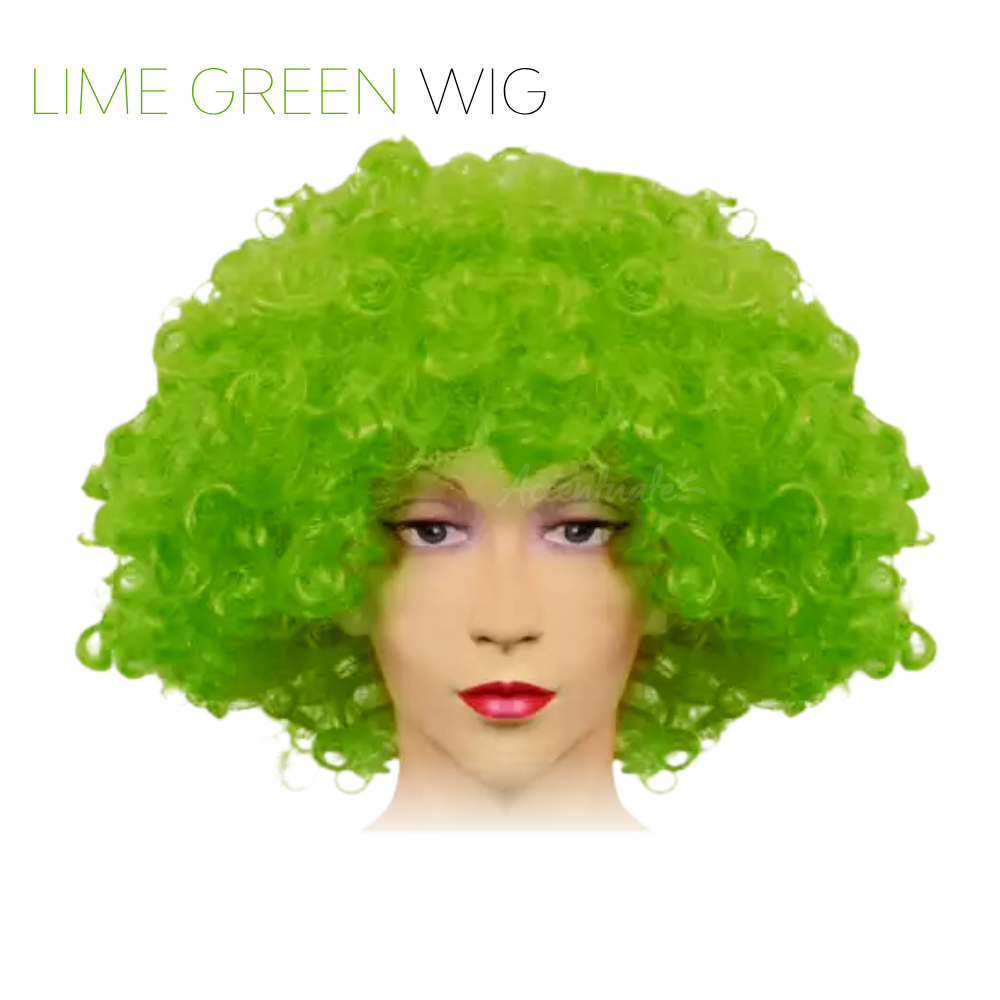 Lime green wig on a white background with text 'LIME GREEN WIG'.