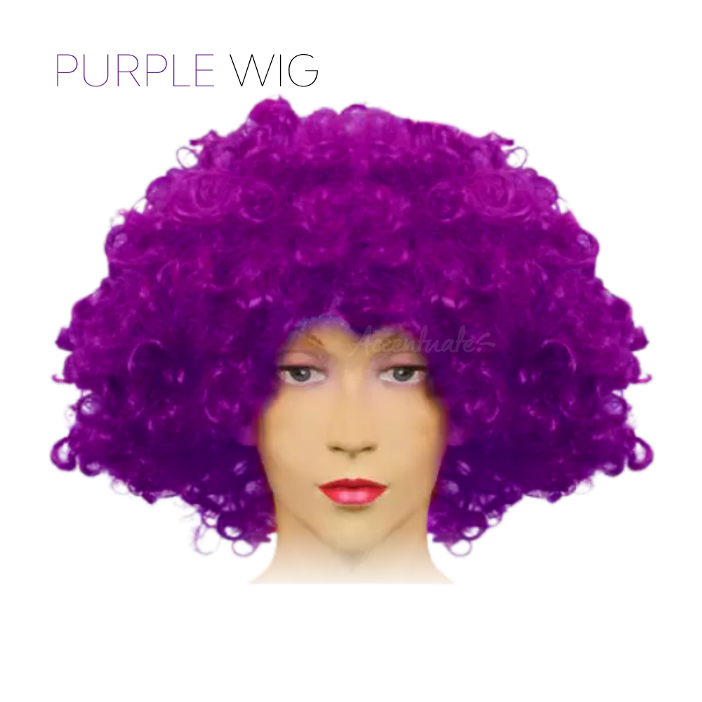 Purple wig on a mannequin head with a white background