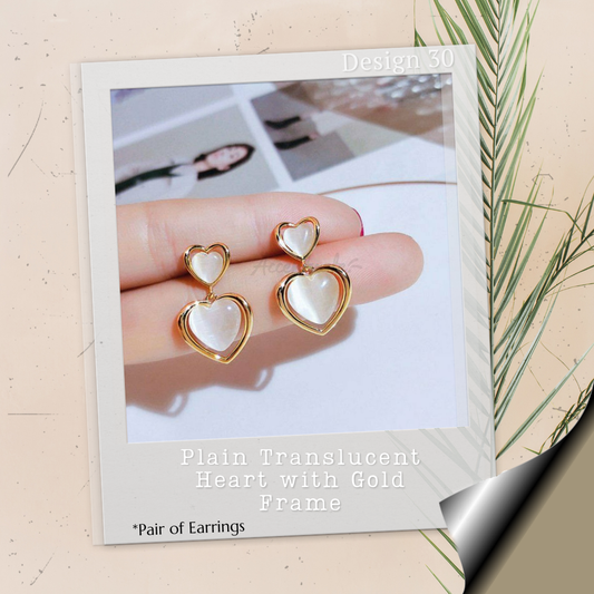 Plain Transparent Translucent Cream Heart with Gold Frame - Pair of Earrings