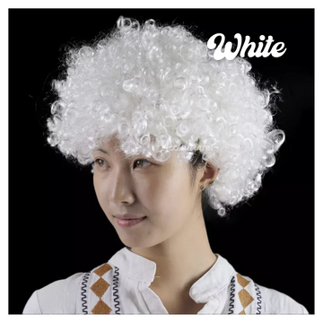 Person wearing a white curly wig with 'White' text on a black background