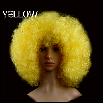 Mannequin head with a yellow afro wig on a black background