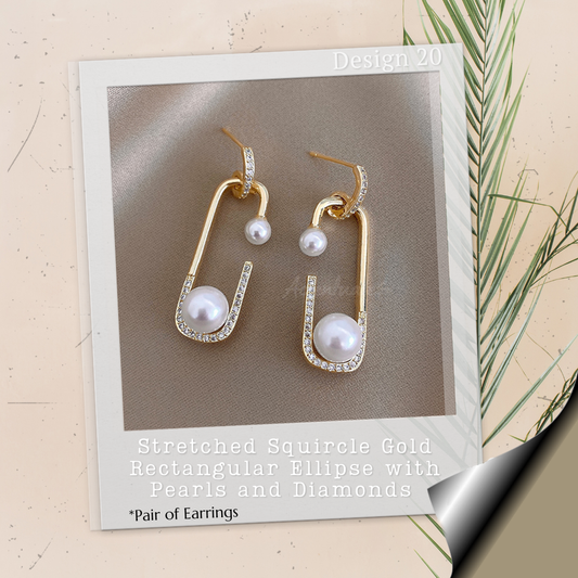 Rectangular Ellipse with Pearls & Diamonds - Pair of Earrings